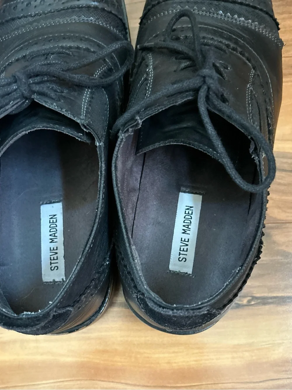 Steve Madden Mens Spanner Black Leather Brogue Oxfords, Lug Sole, Wood Accent 11